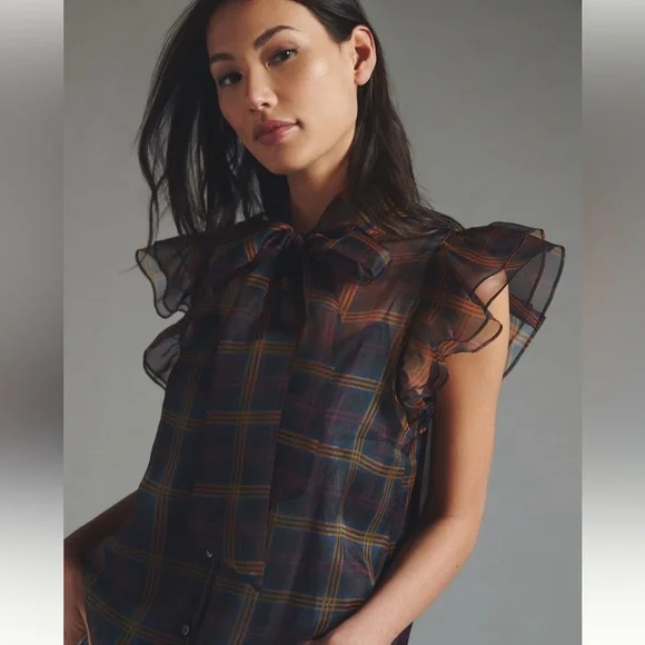 NWT gorgeous ruffle sleeve sheer shirt by Current Air for Anthropologie - Picture 2 of 11